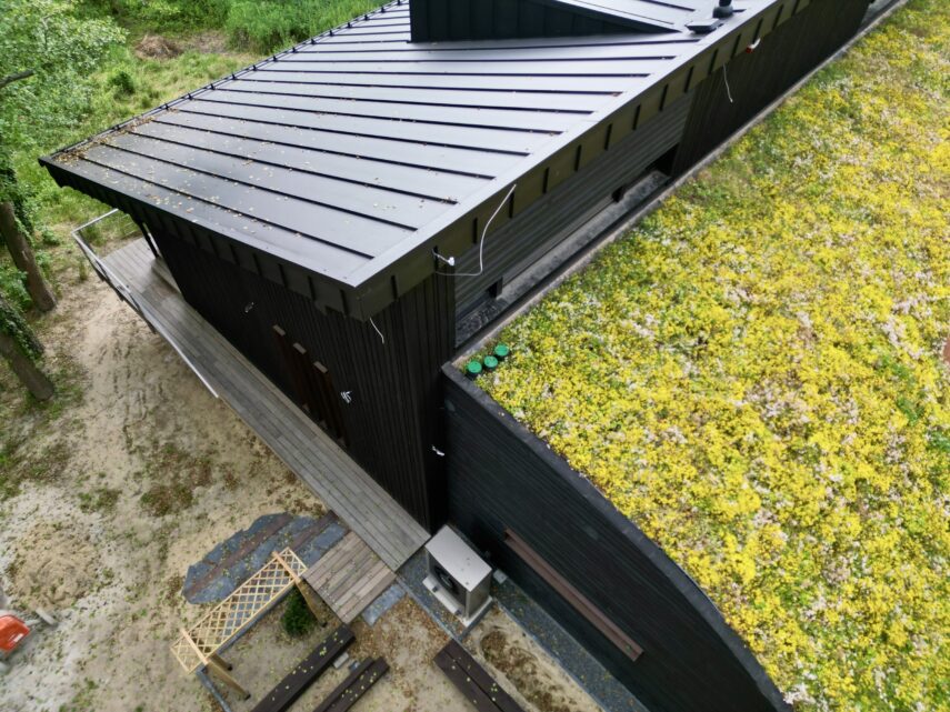 nietypowy dom architekt deska opalana elewacja boazeria zielony dach Latzke Pracownia Stolarska