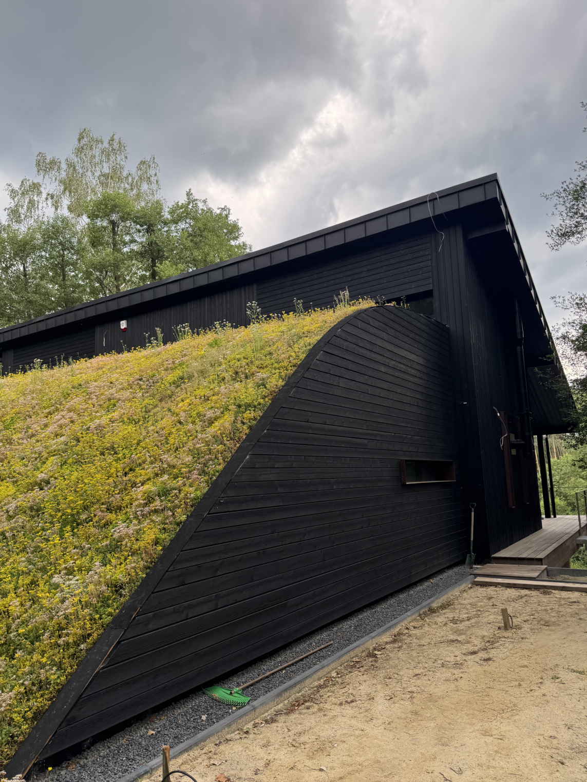 nietypowy dom architekt deska opalana elewacja boazeria zielony dach Latzke Pracownia Stolarska